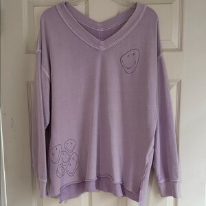 Aerie Purple V-Neck Sweatshirt with Smiley Faces